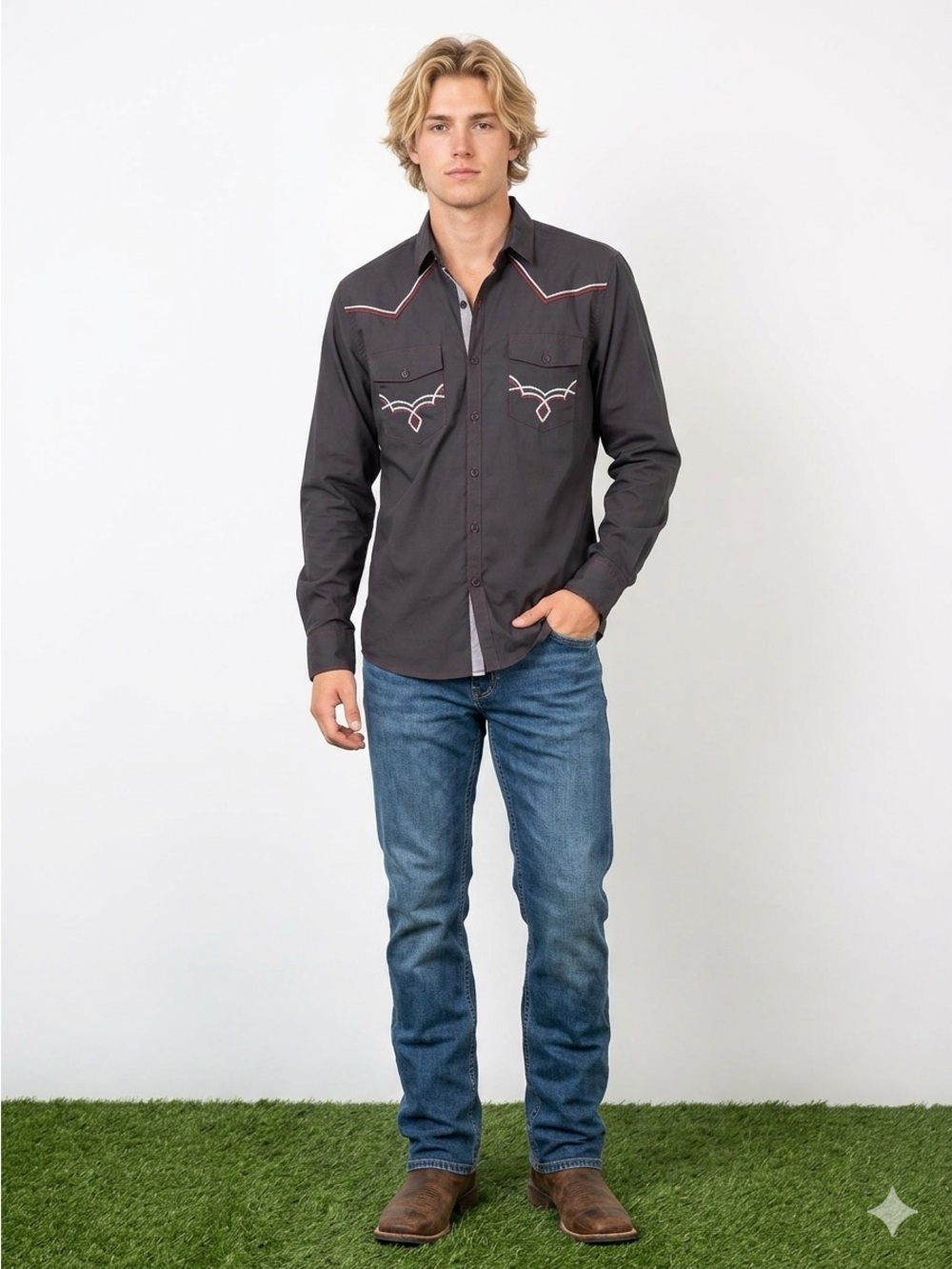 Outlander by Craft + Flow Mens Western Shirt Black Red Contrast Stitch Large